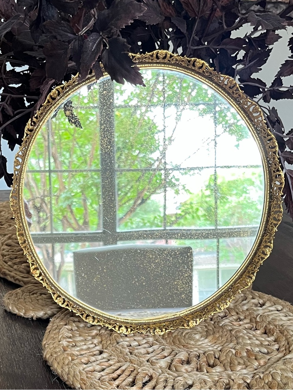 12-3/4” Round | Vintage | Gold Filagree | Vanity Tray Mirror | Heavy | 1-1/2” T